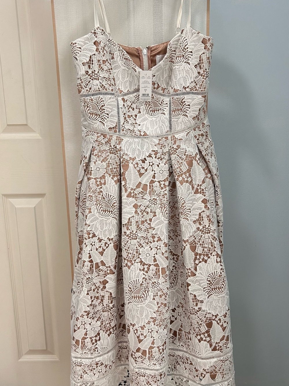 White House Black Market White Lace Midi Dress with Nude Lining
